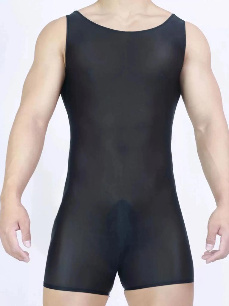 Sexy Men Playsuit Stain Smooth Bodysuit One Pieces Thong Elastic Tights Oil Glossy Shiny Yoga Shaping Maid Leotard Tank Top