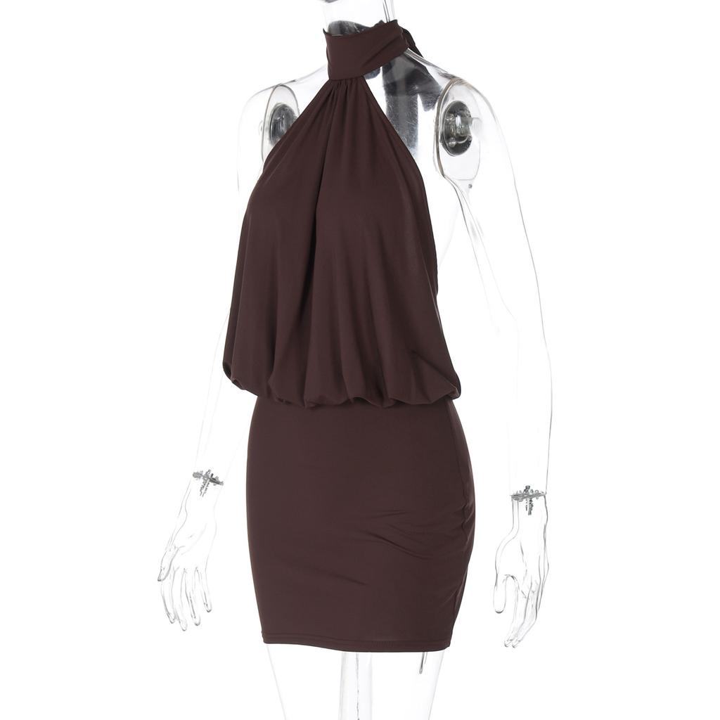 Women's Summer New Sexy Halter Mini Dress Sleeveless Tie Back Backless Ruched Bodycon Slim Fit Night Out Party Club Cocktail Dress