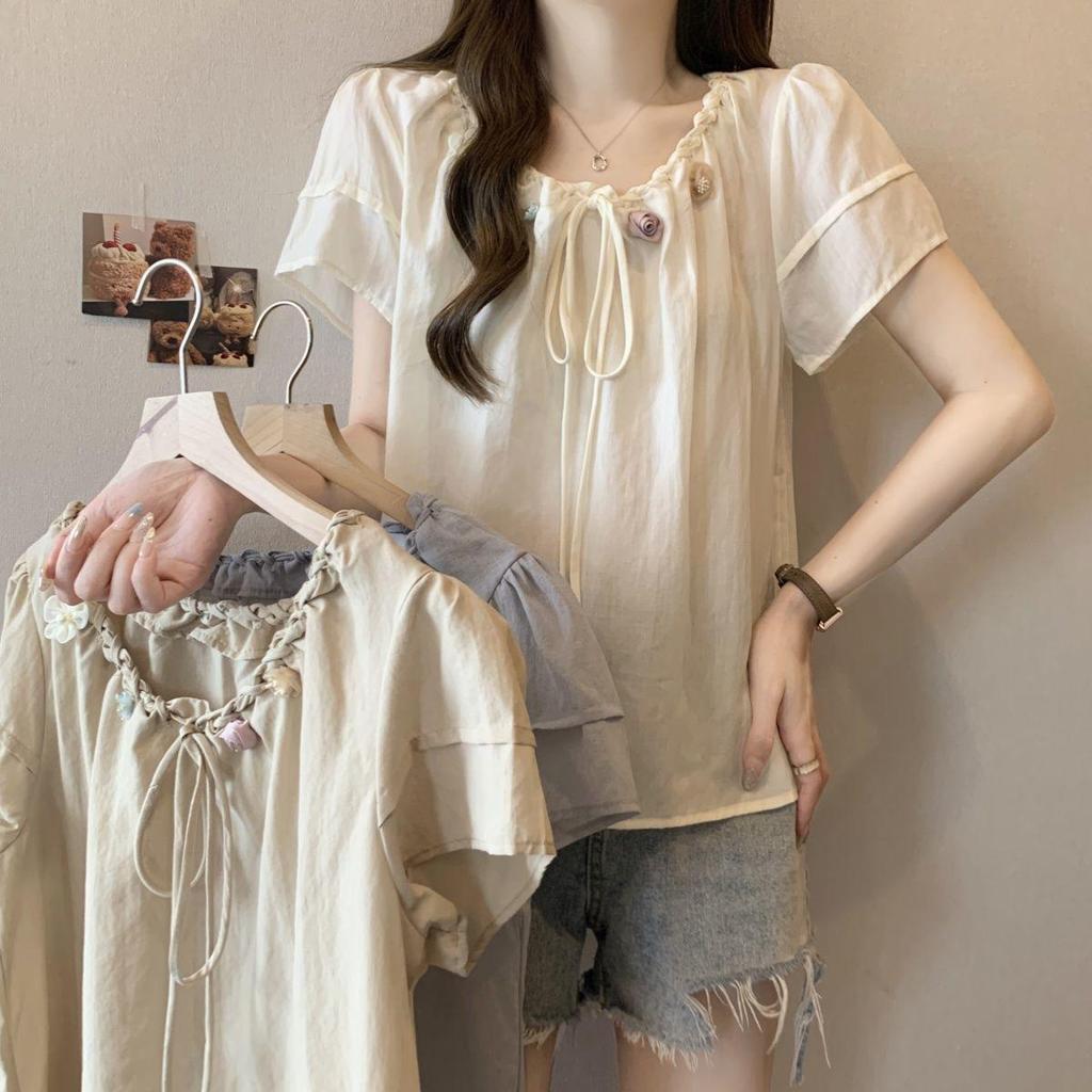 Plus Size Floral 3D Patchwork Chiffon T-shirt - Women's Summer Short Sleeve Loose Fit Top