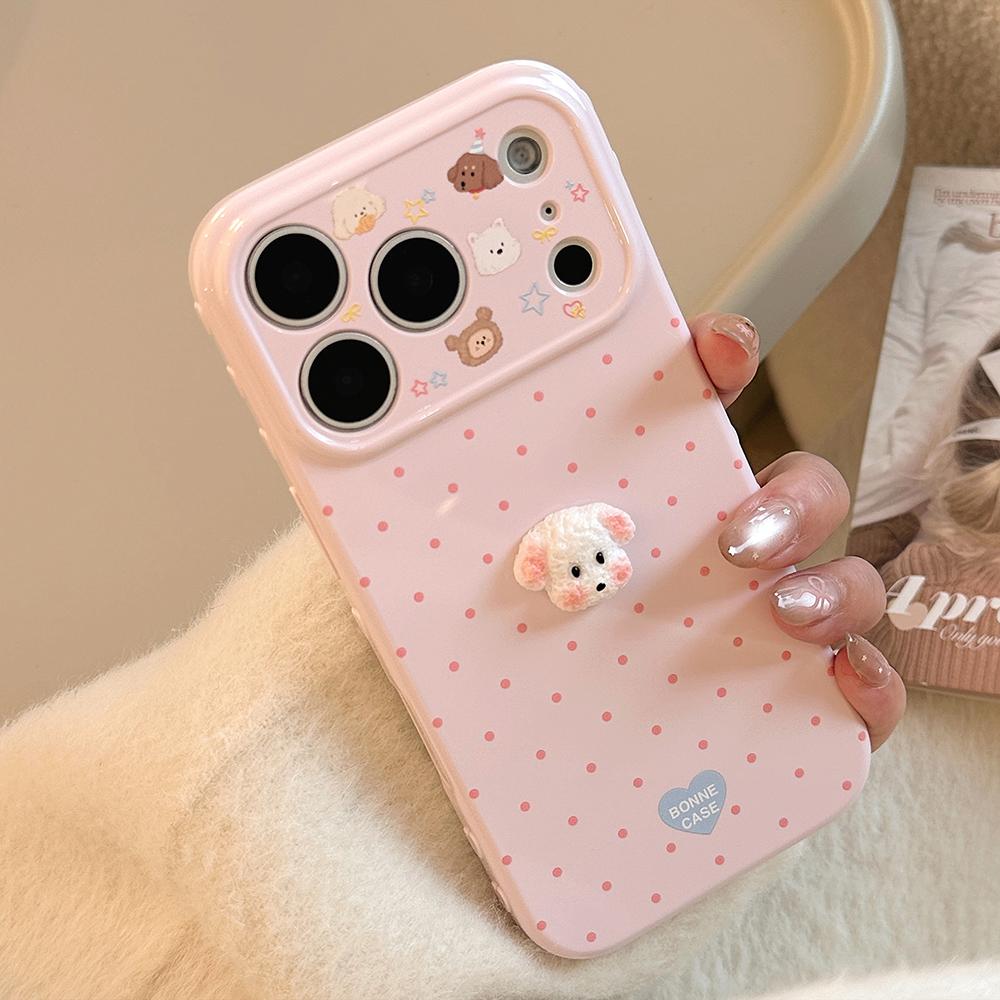 3D Cartoon Puppy Korean Polka Dots Soft Phone Cases for iPhone 17promax 17pro 17 16 15 14 13 Pro Max Shockproof Protective Cover