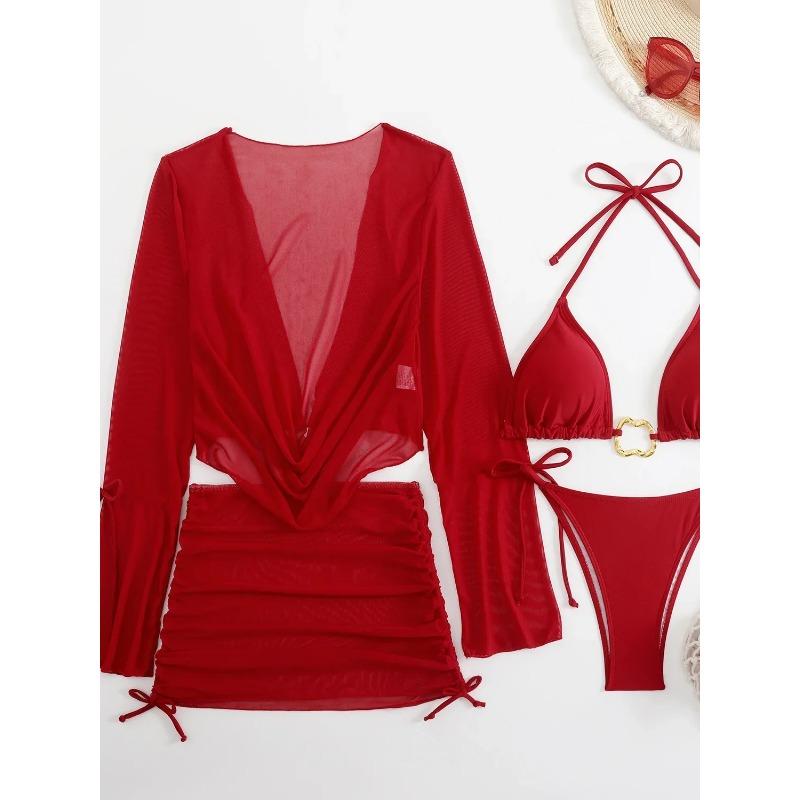 

Sexy White Black 4 Piece Bikinis Sets Women Long Sleeve Mesh Cover Up Skirt Swimsuit Beach Bathing Suit Holiday Swimwear Biquini S красный