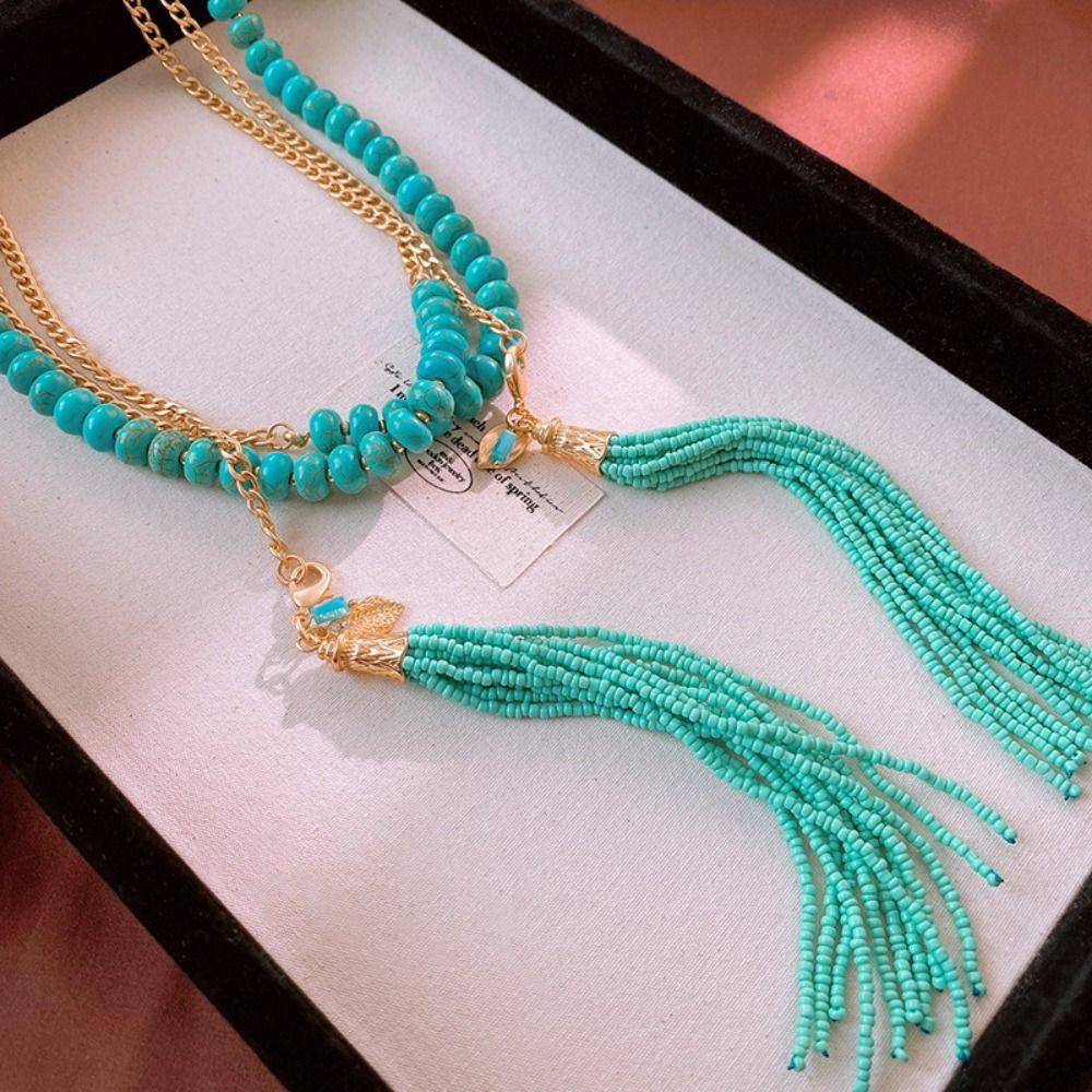 Tassel Pendant Long Turquoise Necklace Rice Beads Sweater Chain Bohemian Waist Chain  Women