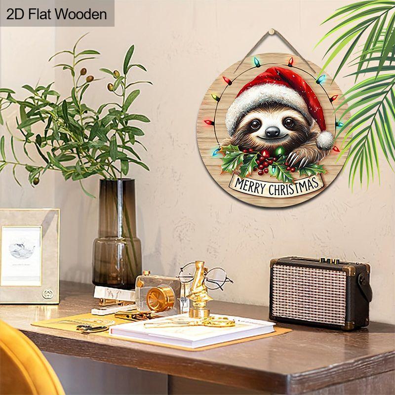 Weihnachtsdekorationsschild, hängende Innendekoration, 2D flache Holzprodukte mit Faultier im Weihnachtsmannhut-Muster, Weihnachtsgeschenke für Freunde und Familie