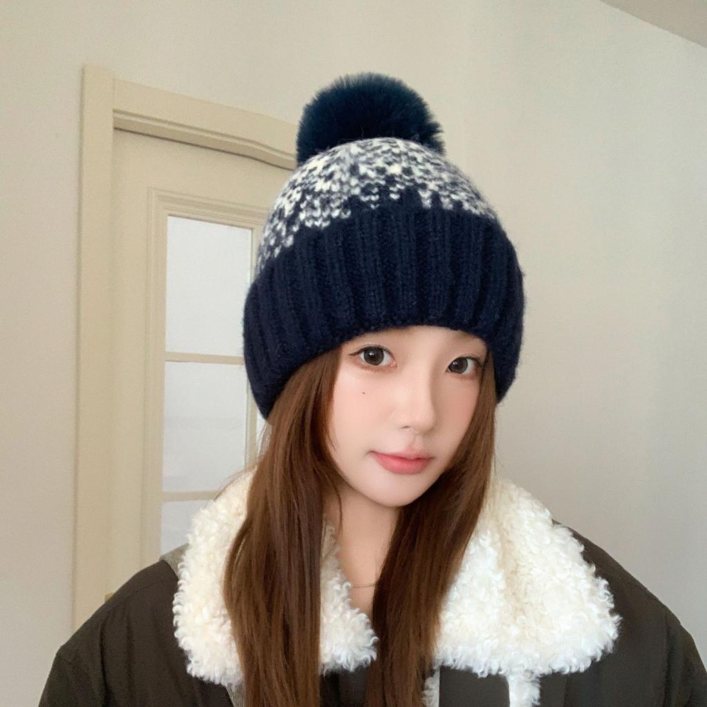 Jacquard Knitted Hat Autumn Winter Beanie Women's Hat, Outdoor Cycling Plush Lining Warm Wholesale