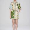 2026 Womens Printed Wrap Tie Neck A-Line Mini Dress High Waist Short Sleeve Elegant Office Casual