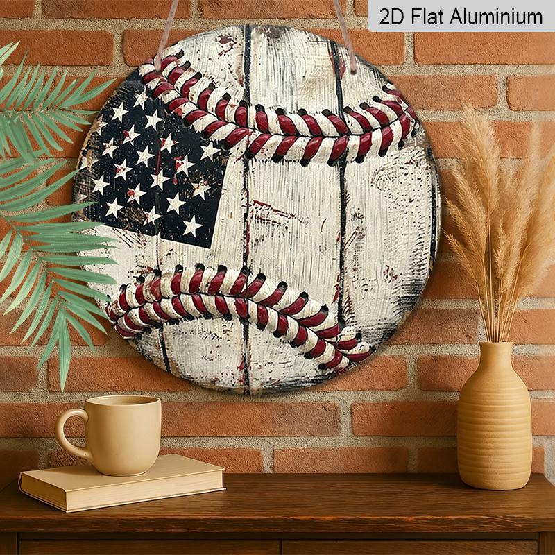 2D Flat, 1pc Round Vintage Baseball USA Flag Aluminum Hanging Sign, Rustic Patriotic Sports Metal Wall Decor, Suitable for Both Indoor And Outdoor