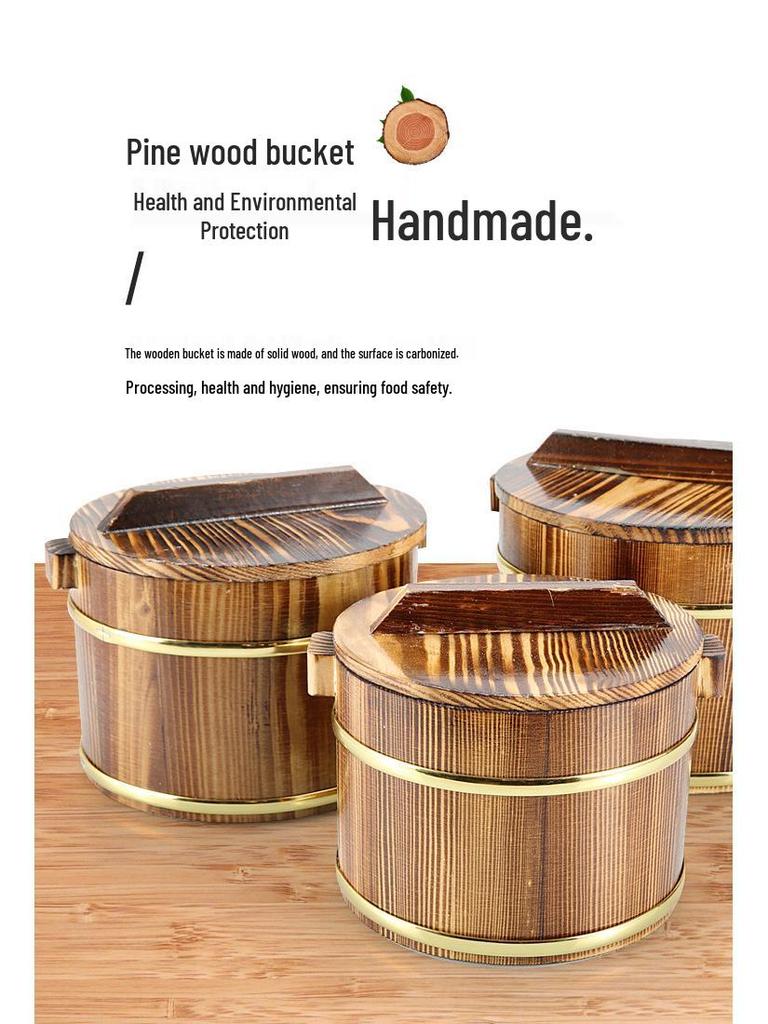 Wooden Rice Bucket with Lid: Insulated Serving Bowl and Spoon for Dining Table
