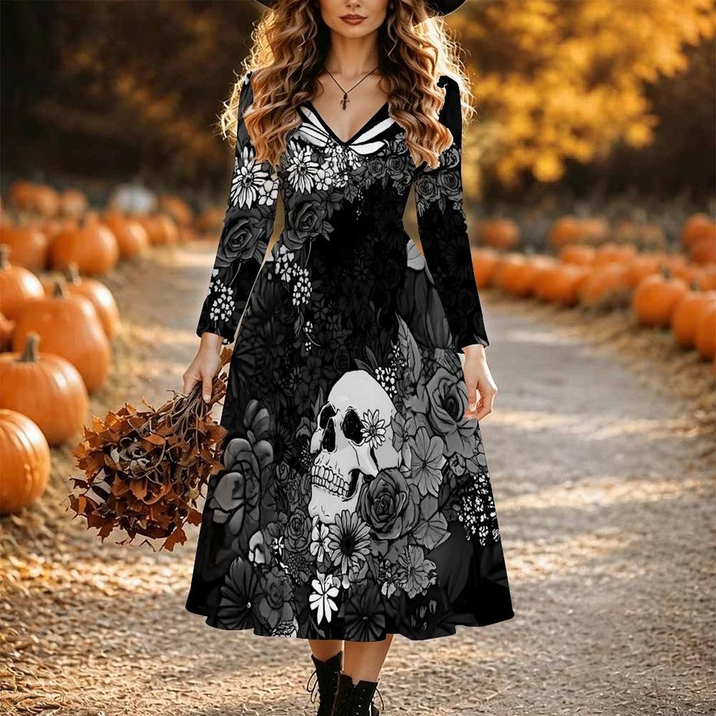 Halloweenowa Damska Sukienka Midi z Nadrukiem Złego Dyni A-Line Sukienka Wakacyjna Codzienna Regularny Krój Długi Rękaw Dekolt V Czarny Wiosna Jesień