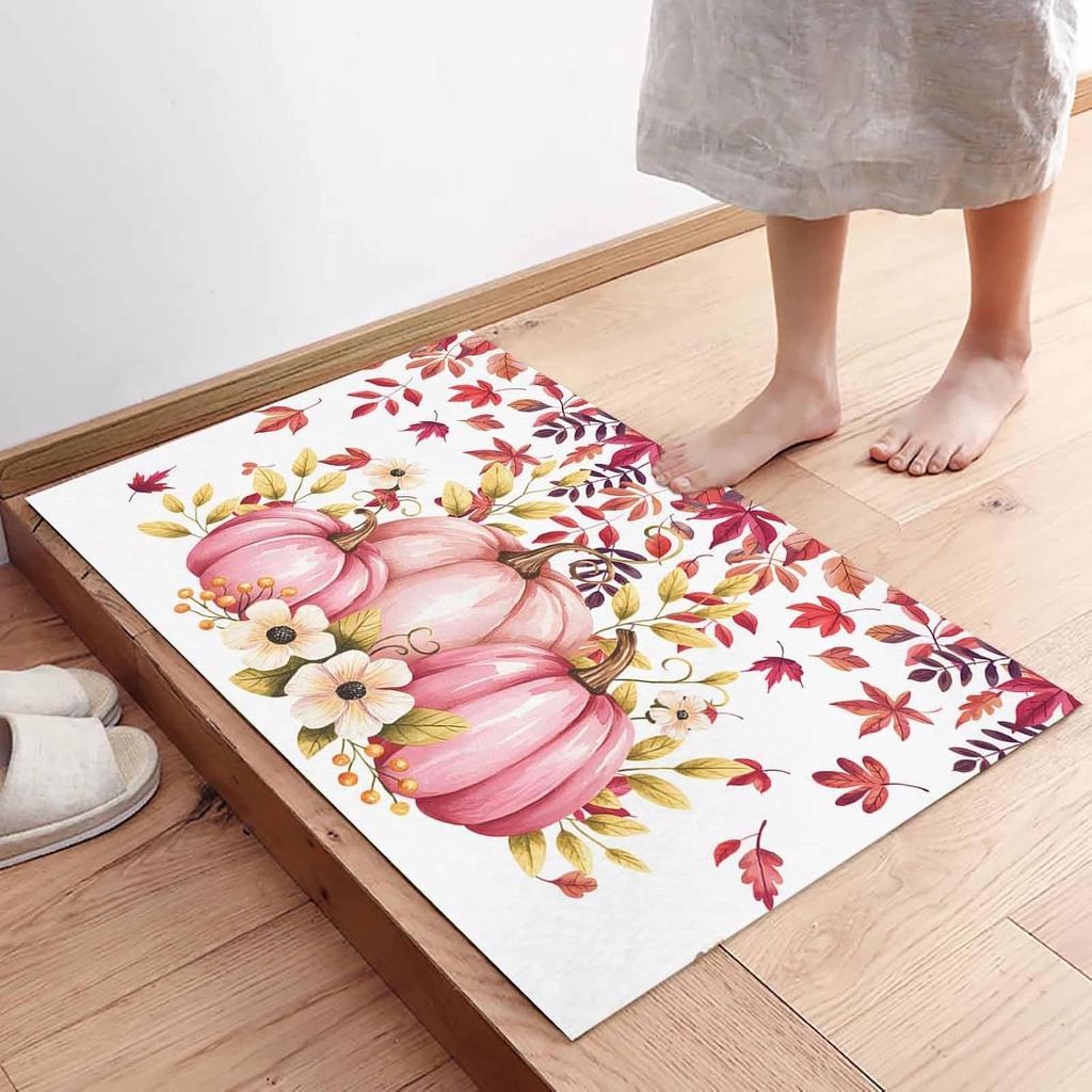 Fall Pink Pumpkins Flowers Leaves Welcome Doormats Decor Kitchen Corridor Balcony Rugs Bedroom Beside Foot Mat Non-Slip Floormat