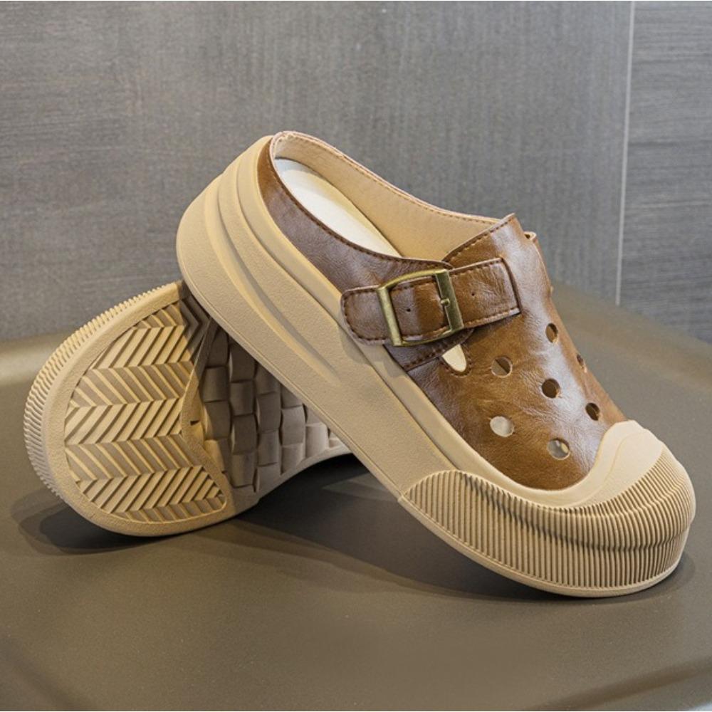 Slippers for Women's 2025 Summer New Round Headed Cowhide Low Top Thick Sole Height Increasing Casual and Comfortable Sandals