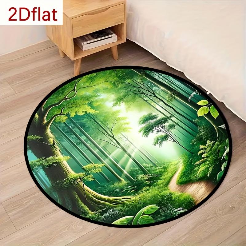 Forest Scenery Pattern Round Rug Flannel Soft Floor Mat for Nature Lovers Bedroom Living Room Area Carpet Non Slip Durable Easy