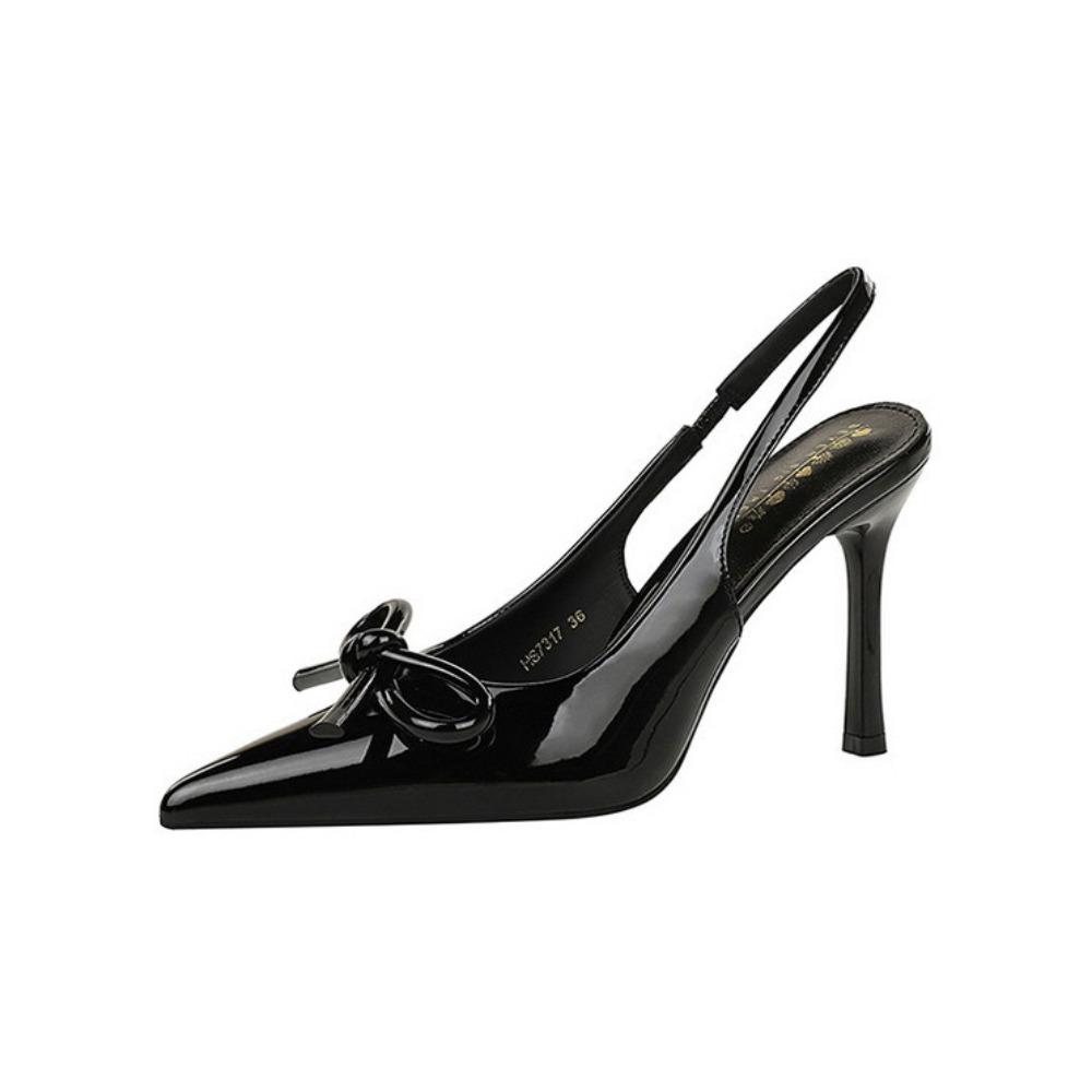 

9.5CM Women Patent Leather High Heels, Pointed Toe Backless Sandals, Bow Decor Stiletto Heels, Sexy Nightclub Party Elegant Ladies Dress Shoes 34 чёрный