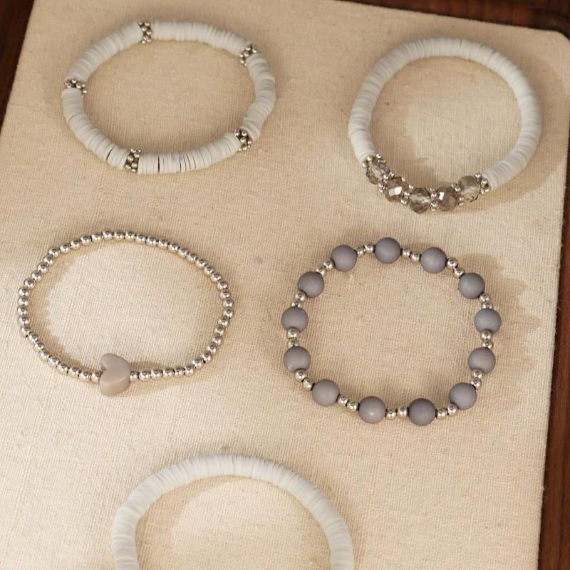 5pcs/Set Elegant Gray Soft Ceramic Heart Bead Multi-Layer Bracelet Set, Artificial Crystal Elastic Bracelet, Suitable for Ladies Daily Wear, Dating