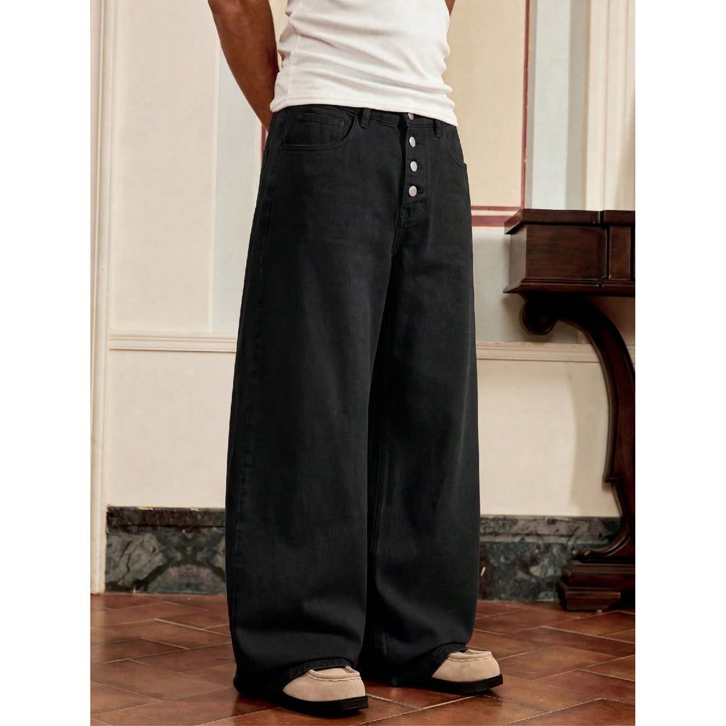 Europäischer und amerikanischer Streetwear-Trend Herren locker Wide-Leg Jeans Knopfleiste Schwarz Vielseitige Freizeithosen