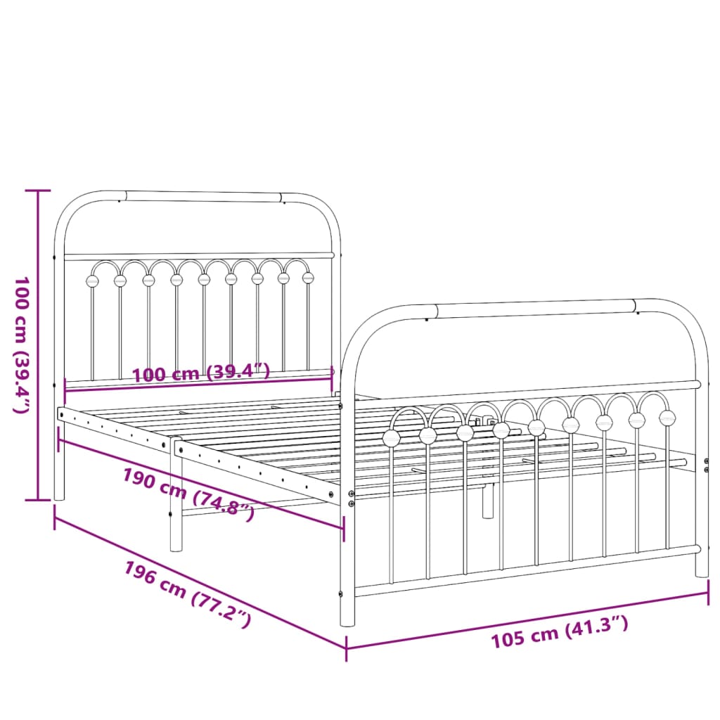 Metal Bed Frame with Headboard and Footboard White 100 x 190 cm