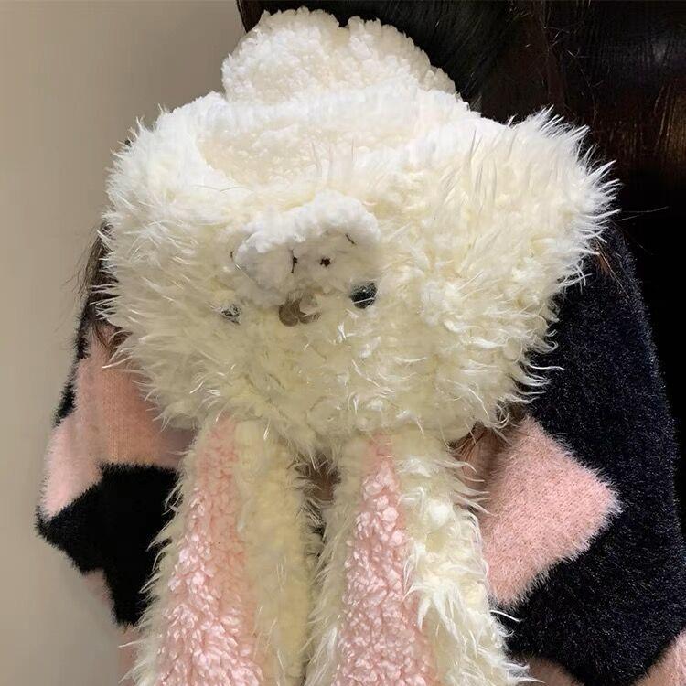Sweet and Cute Rabbit Ears Plush Hat Women's Autumn and Winter Warm Ear Protection Lei Feng Hat Showing Face Small Furry Hat Trendy