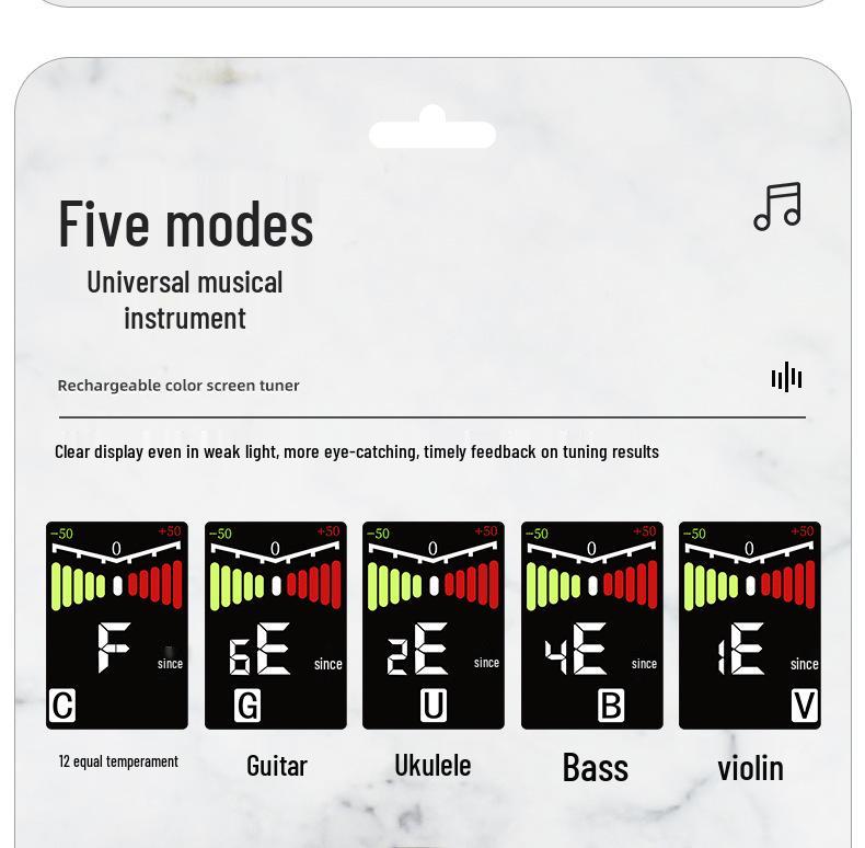 Rockhouse Rechargeable Color Screen Tuner for Guitar, Violin, Ukulele, and Electric Bass