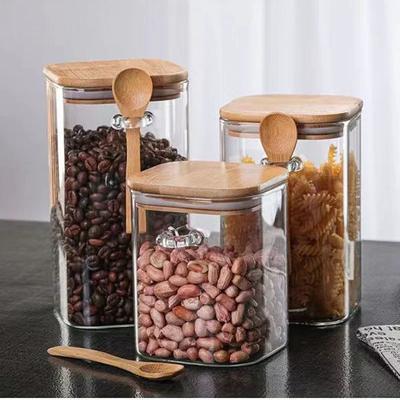 1000/1200/1500mL Square Sealed Glass Storage Jar with Spoon and Bamboo Lid Coffee Bean Grain Seasoning Food Storage Containers