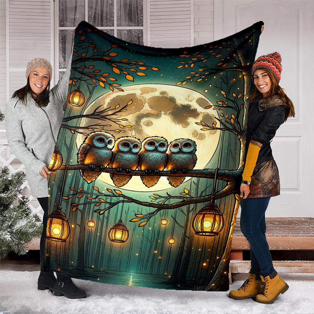 1pc Owl Night Lanterns Throw Blanket Polyester Fiber, Lightweight Flannel, Soft & Warm, All Season Use for Outdoor, Camping Digital Print