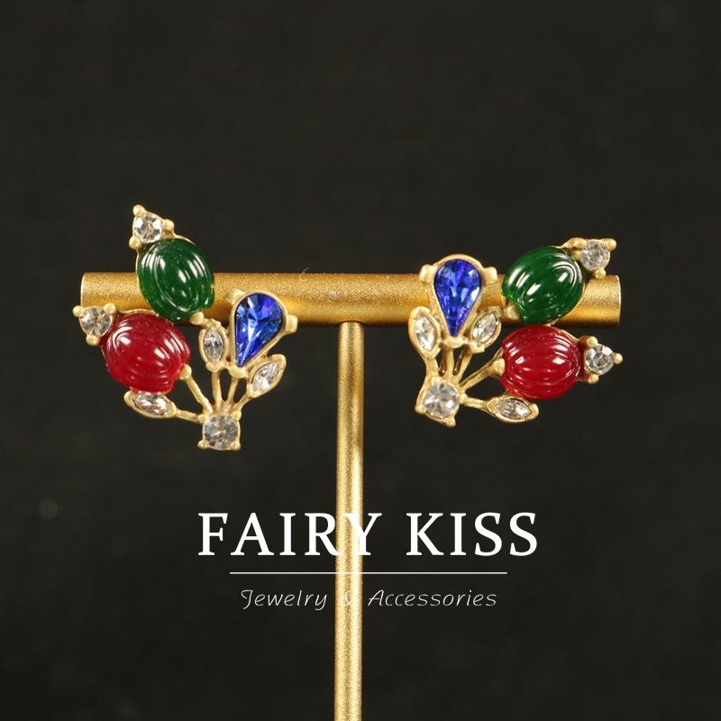 

Necklace Earrings Bracelet Set Diamond Colorful Jelly Resin Leaves Court Style Retro Temperament Light Luxury