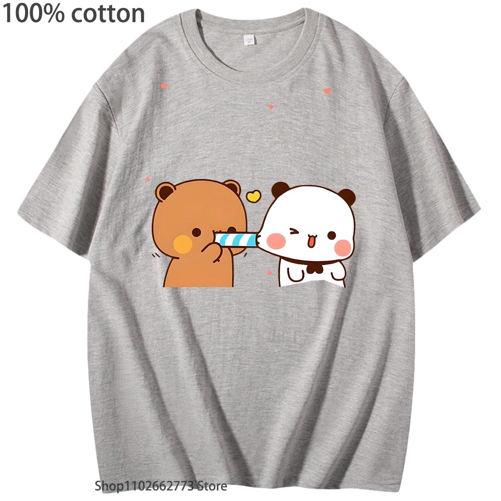 Damska Koszulka Kawaii Bubu Dudu Koszulka Miłość Uroczy Niedźwiedź i Panda Ubrania Koreańskie Góry Krótki Rękaw Bawełna Odzież Męska