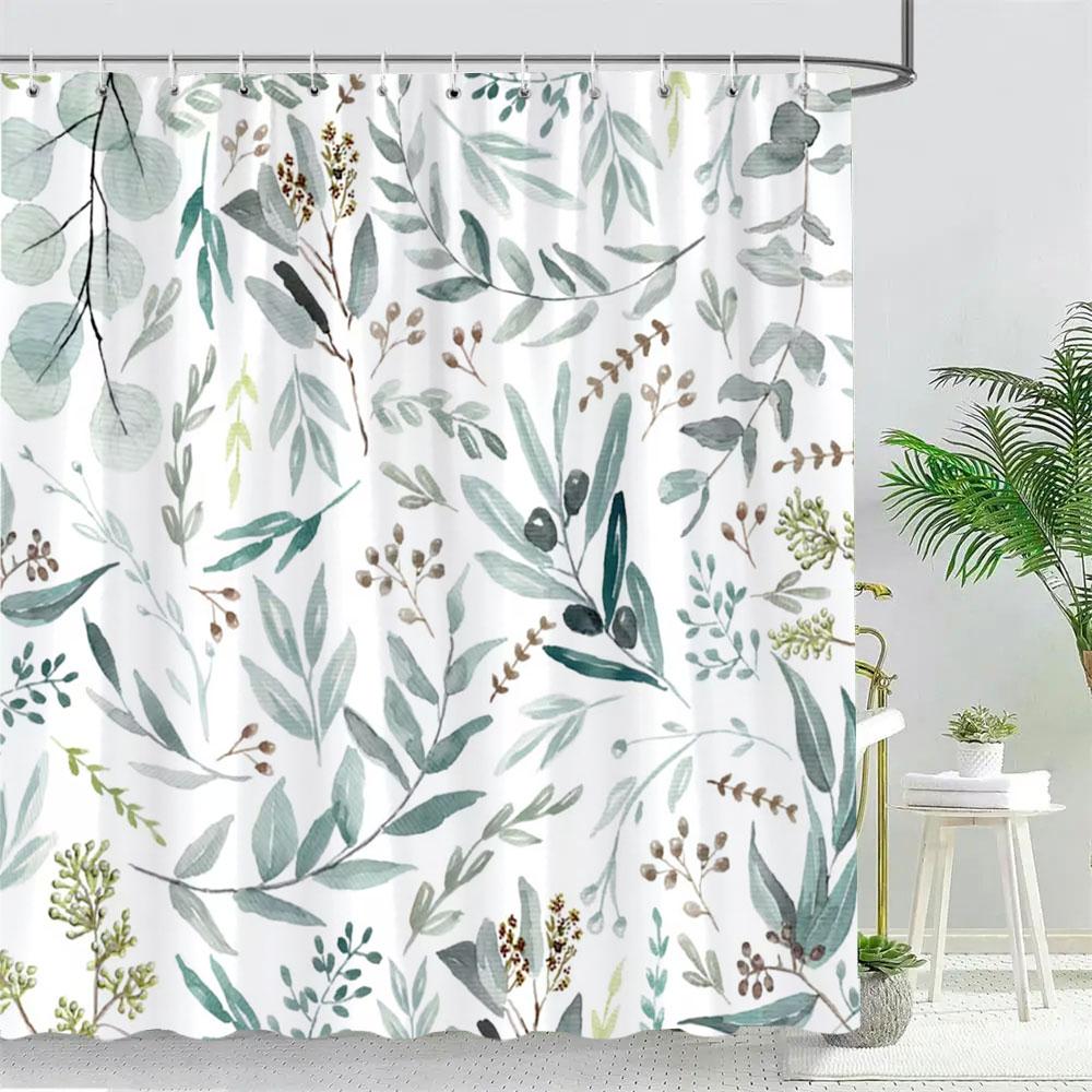 Beautiful Tropical Plant Leaves Shower Curtain Watercolour Palm Tree Leaves Printed Polyester Fabric Bath Curtain Bathroom Decor