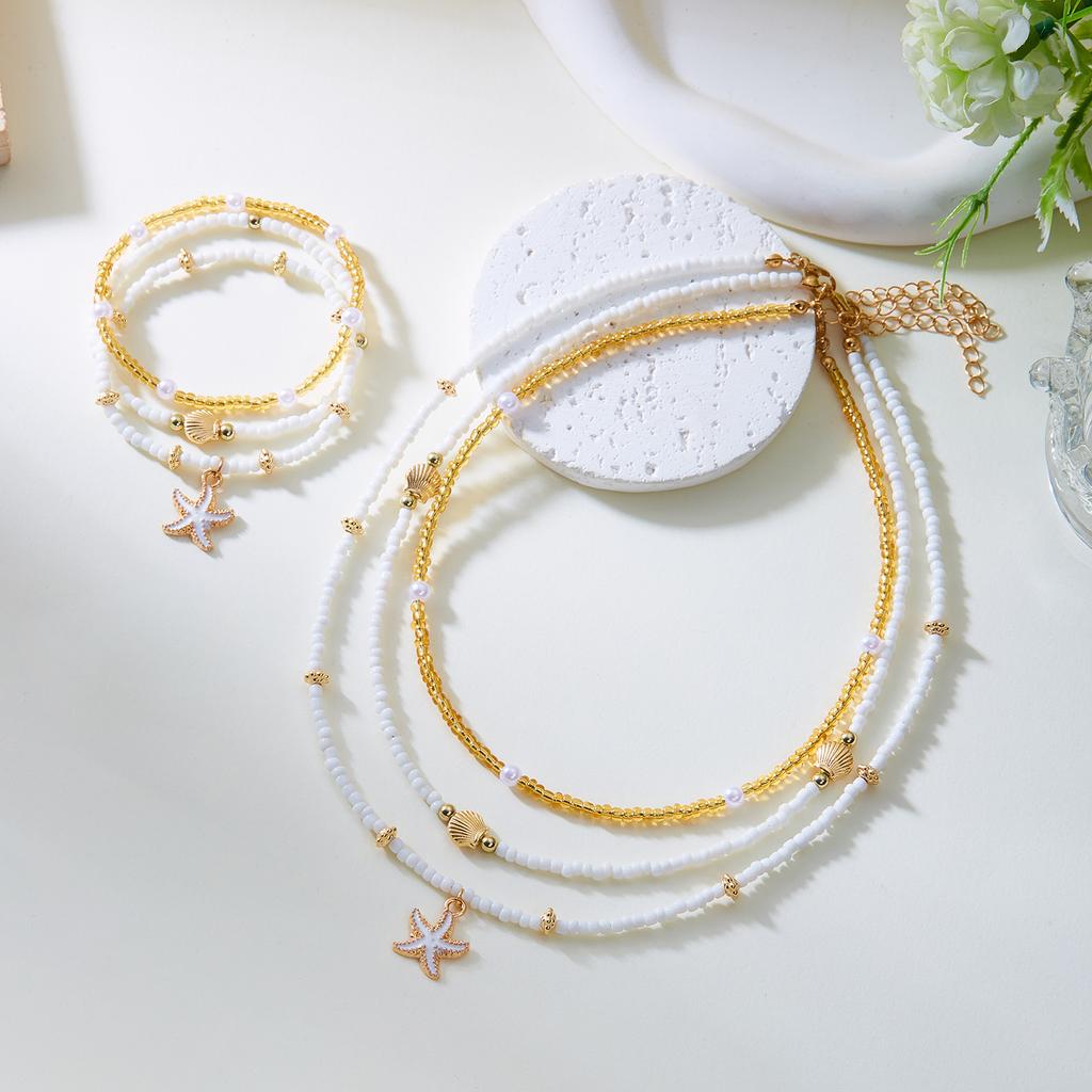 Boho Multilayer Starfish Shell Rice Beads Jewelry Set for Women Vintage Imitation Pearl Necklace Earrings Summer Beach Jewelry