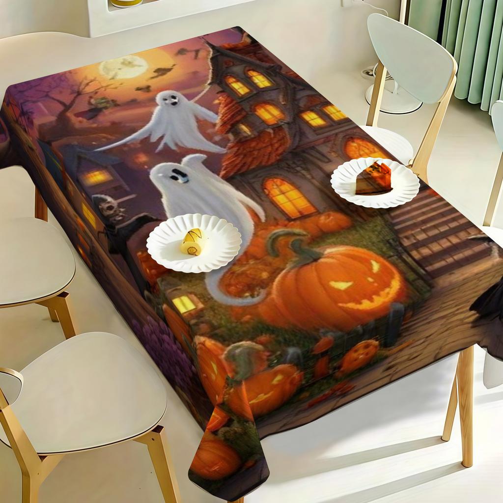1pc Tablecover, Exquisite High-Quality Printed Tablecloth, Halloween Theme Fantasy Moonlit Night with Jack-o'-Lanterns, Witch, Ancient Castle, Villa,