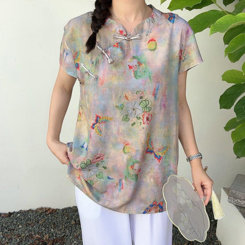 

Summer Rayon Blend Cheongsam Short Sleeve Tshirts Frog Closure Tops Floral Print New Chinese Style Plus size Independent Design 3XL