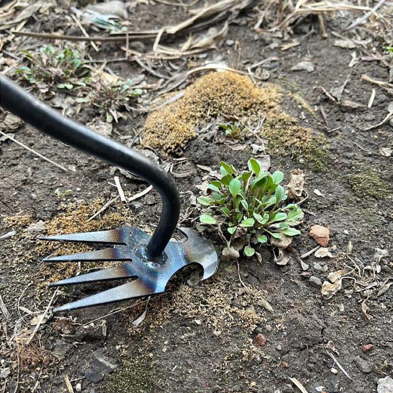 2-in-1-Gartenwerkzeug: Handrechen mit 4 Zinken, Unkraut- und Graswurzelspaten aus Manganstahl zum Auflockern des Bodens, Gartenhandwerkzeug
