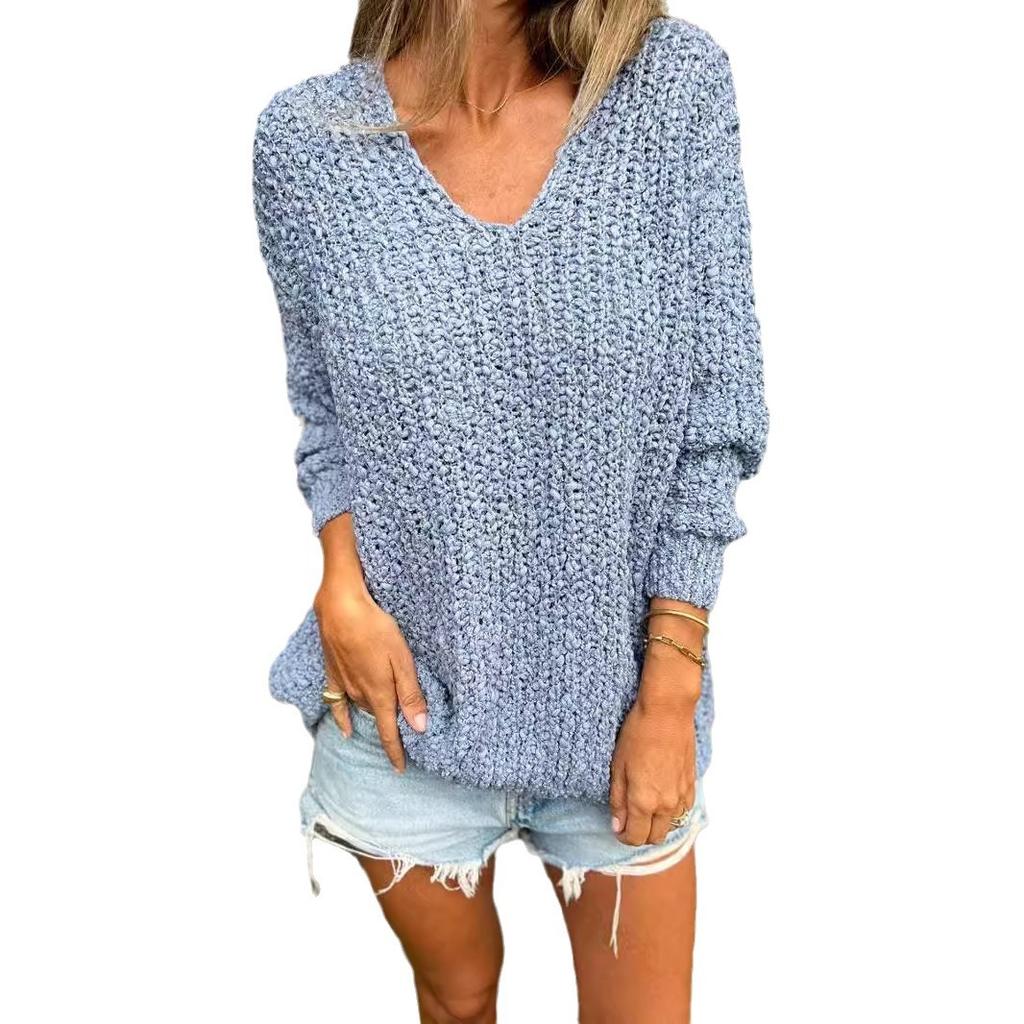 Autumn and Winter Women's Crewel Knit V-Neck Slouchy Long Sleeve Sweater