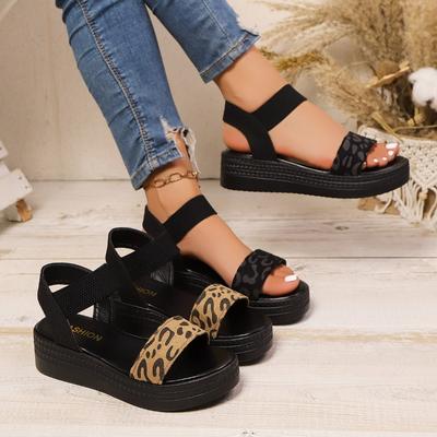 Damen Sandalen mit breiter Weite, Elastische Keilabsätze zum Hineinschlüpfen, Leopardendruck Großhandel Pantoletten für Damen