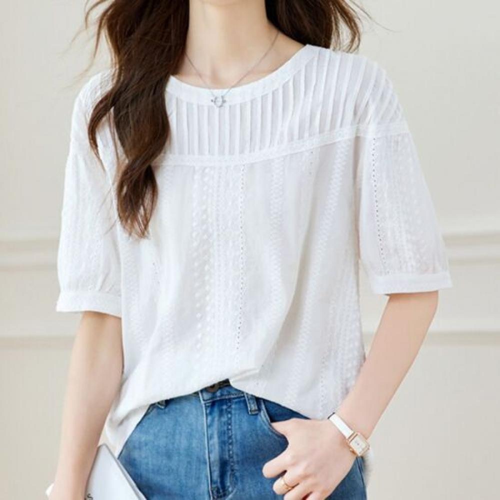 Navava Lovely Embroidery Punching Point Round Neck Short Sleeve Blouse Nb3144