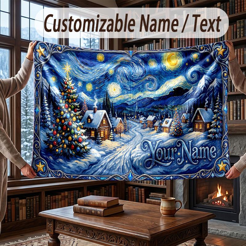 Christmas Winter Theme Throw Blanket Custom Name Text Personalized Blanket Soft Cozy Blanket for Home Sofa Bed