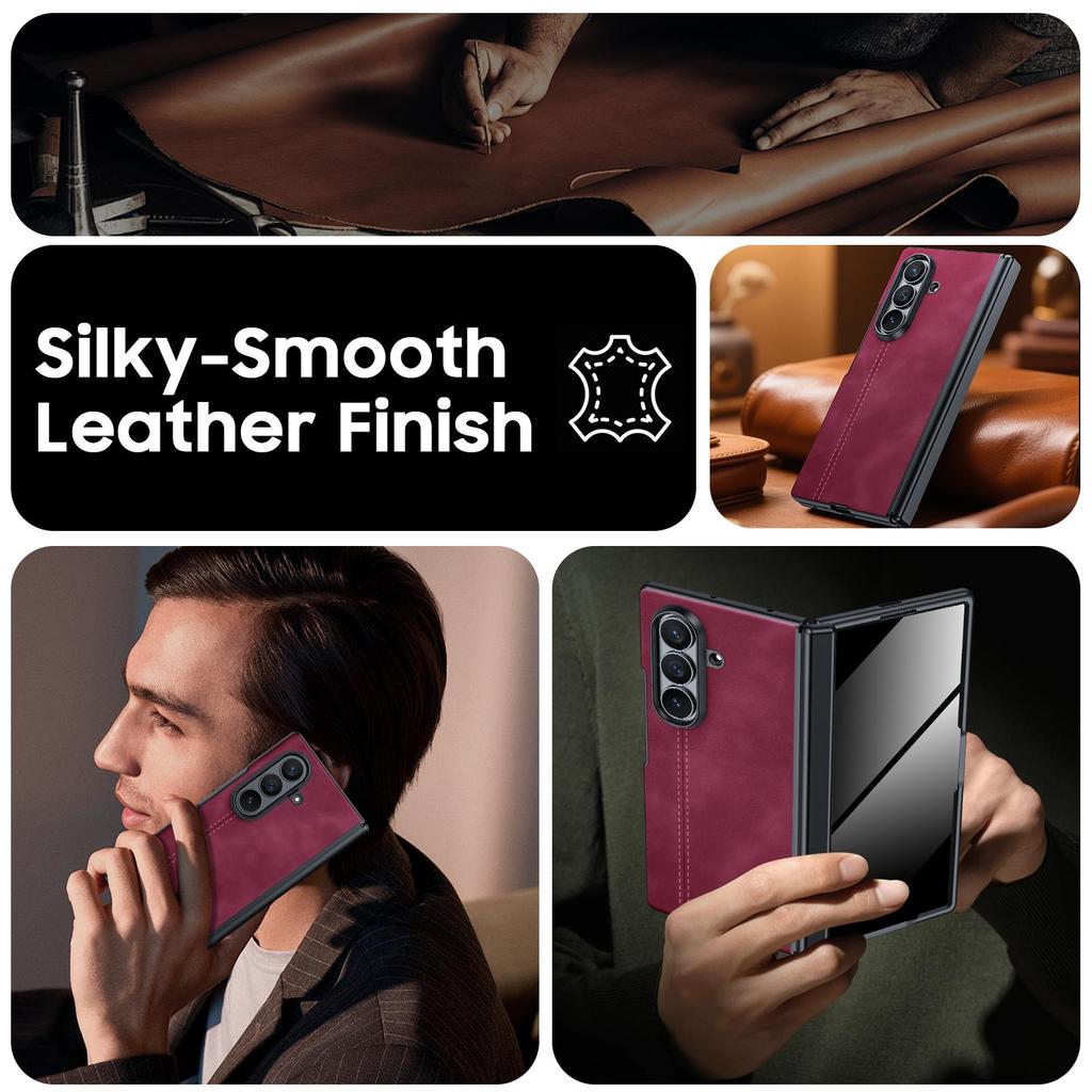 For Samsung Galaxy Z Fold 7 with HD Screen Protector&Hinge Protection,Wireless Charging,Leather Matte PC Shockproof Cover Phone Case-Red