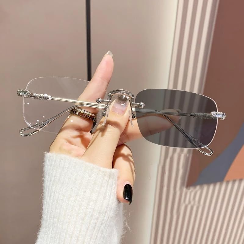 Korean Rimless Photochromic Sunglasses with Polarized Lenses and UV Protection [88flix] Color-Changing (Silver)