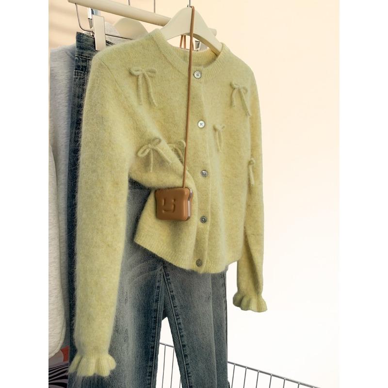 

Красный кардиган-свитер с бантом женский весенне-осенний нишевый ретро тонкий вязаный жакет короткий one size fits all жёлтый