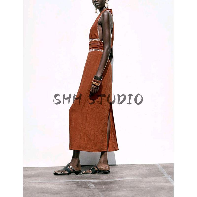 Summer Women's Clothing Ruched Decoration Contrast Color Embroider Fashion Elegant Sleeveless Midi Skirt Dress 8741048