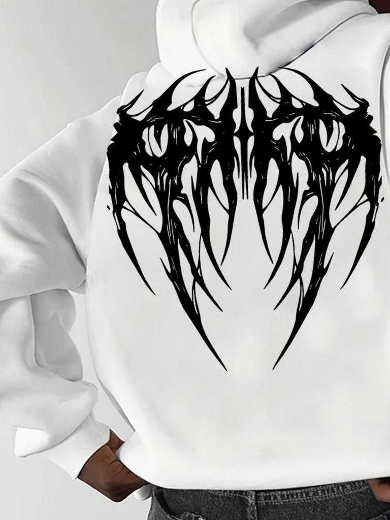Men'S Stylish Casual Hoodie - Gothic Dark Series Geometric Wing Pattern Pullover, Suitable for Halloween And Everyday Fantasy Outfits - Trendy