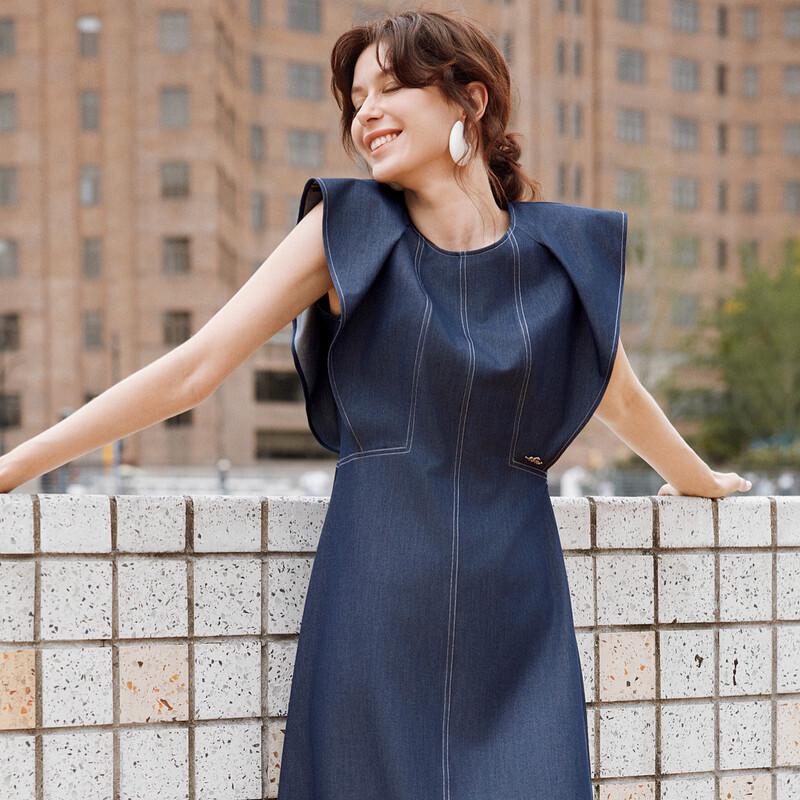 ELLE Faux Denim Ruffle Flutter Sleeve Dress S синий