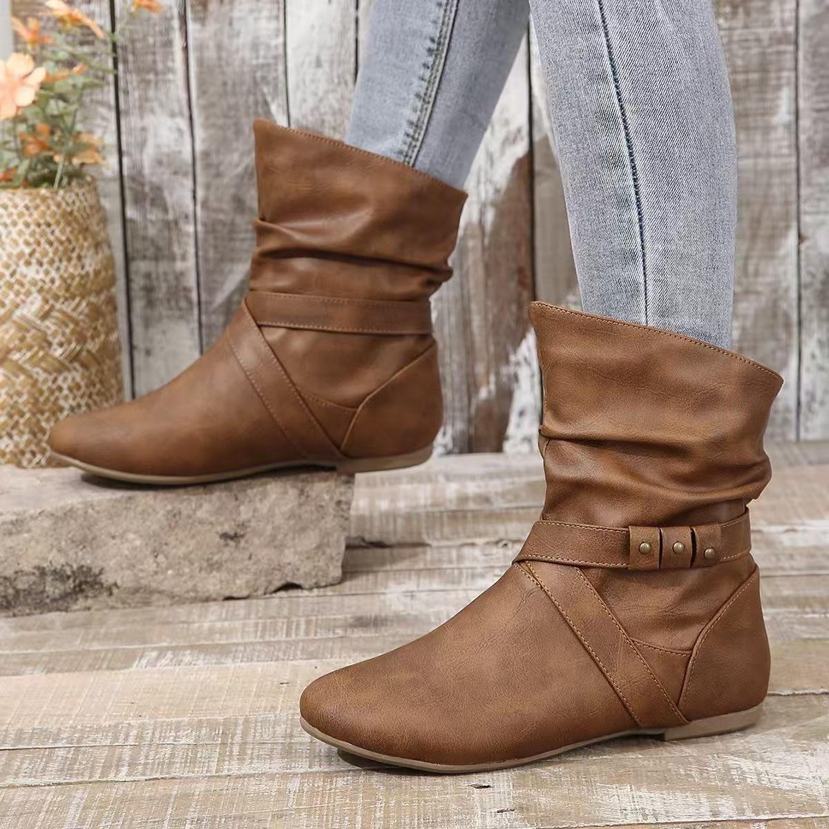 

Fashion The 2025 autumn/winter new style of knight boots: large-sized flat belt-buckle women s boots with round toe leather surface 36 коричневый
