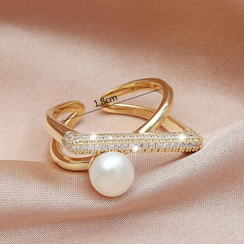 Simple and fashionable commuter style ring women's pearl inlaid zircon ring open ring fashion temperament niche