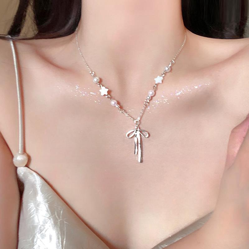 Trendige Perlen-Knoten-Halskette für Damen Elegantes Stern-Schleifen-Quasten-Choker-Schlüsselbein-Kette Party-Schmuck Geschenk