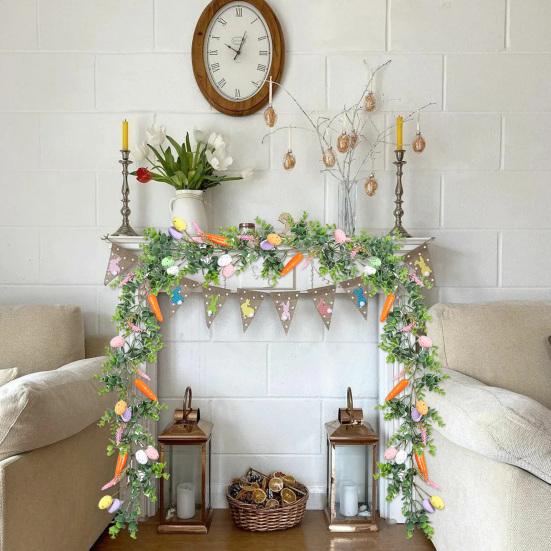 Easter Garland Artificial Spring Greenery Garland with Pastel Eggs Carrots Flowers for Farmhouse Indoor Mantle Fireplace Home Decor