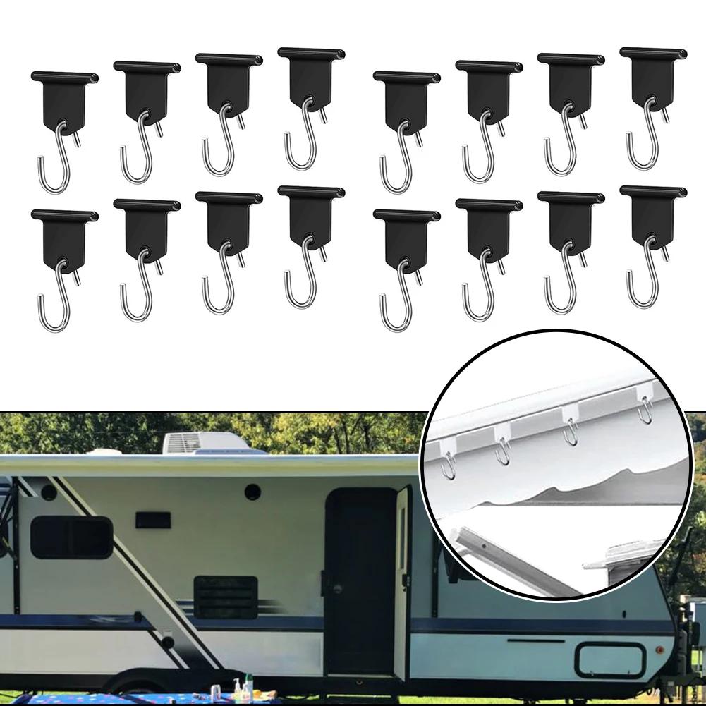 Piping Strip Hooks RV Awning Hooks 16PCS 16x ABS+Metal Black Camping Piping Rail Hook For Camping Tent Reusable