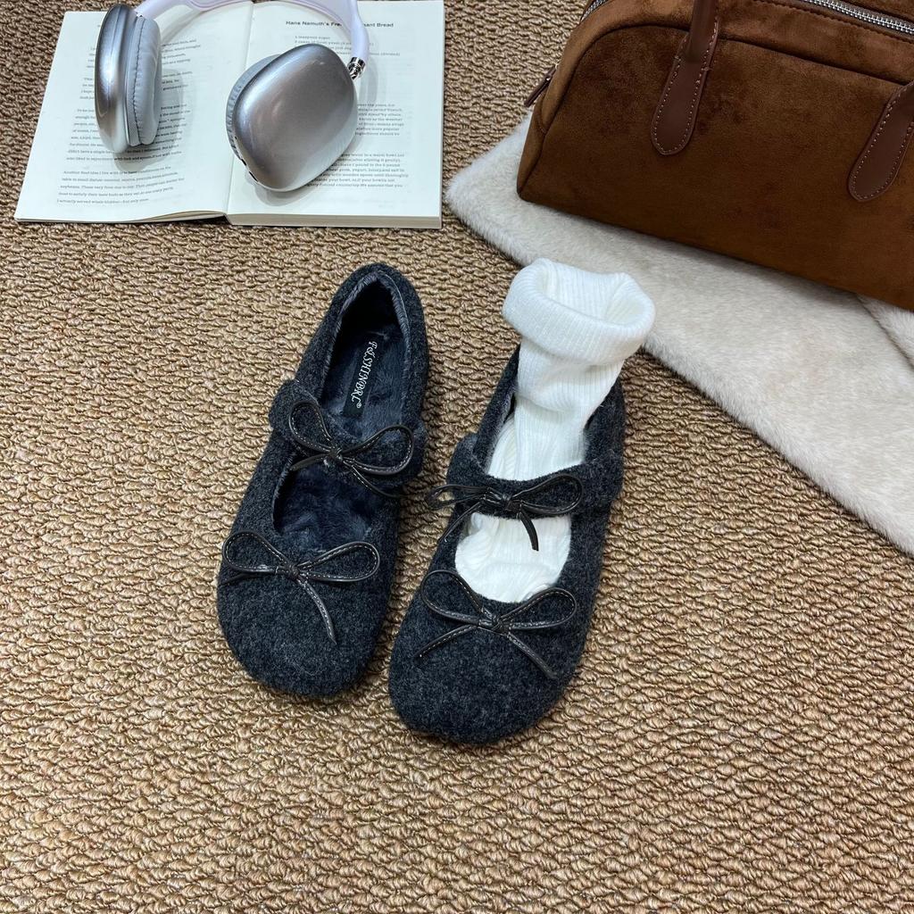 2025 Autumn and Winter New Round Head Bow Velvet Thick-soled Warm Women's Cotton Shoes Fashion Women's Single Shoes