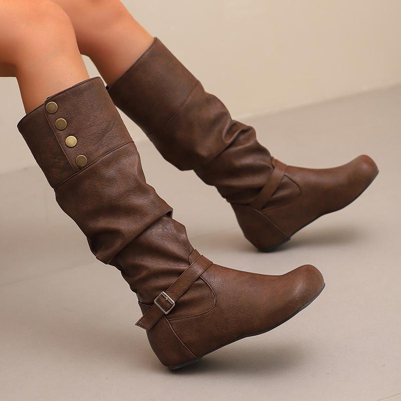 Women's flat-bottomed casual boots autumn and winter new inner height increase solid color large size medium boots