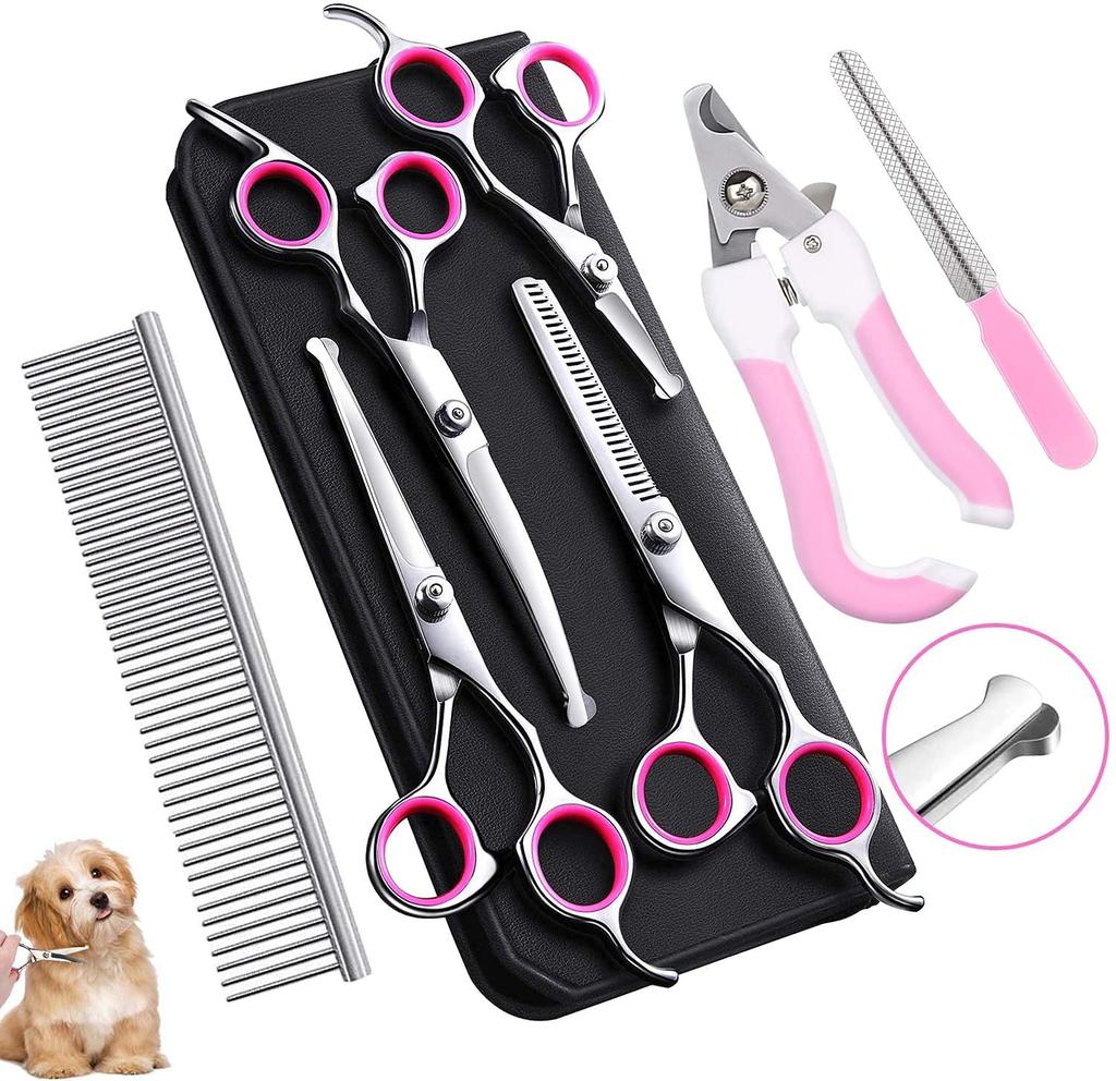 Pet Grooming Scissors Stainless Steel Dog Grooming Scissors and Thinning Includes dog and cat grooming perfect for home and Rounded tips for 7-Piece