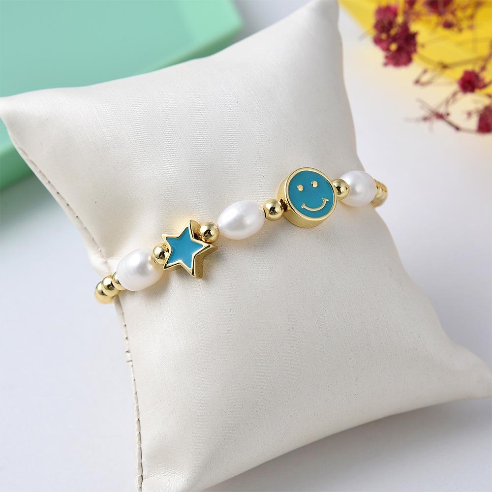 Colorful Drip Oil Smiley Star Beaded Bracelet with Natural Freshwater Pearls