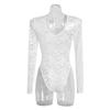 Slimming Lace V-Neck Backless Long Sleeve See-Through Lingerie Bodysuit